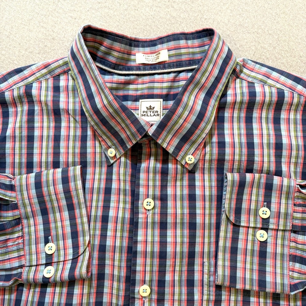 Peter Millar Seaside Finish Mens Button-Down XL Blue Red Green Plaid Cotton